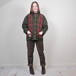 Vintage 70s Plaid Wool Cardigan Green Red XL